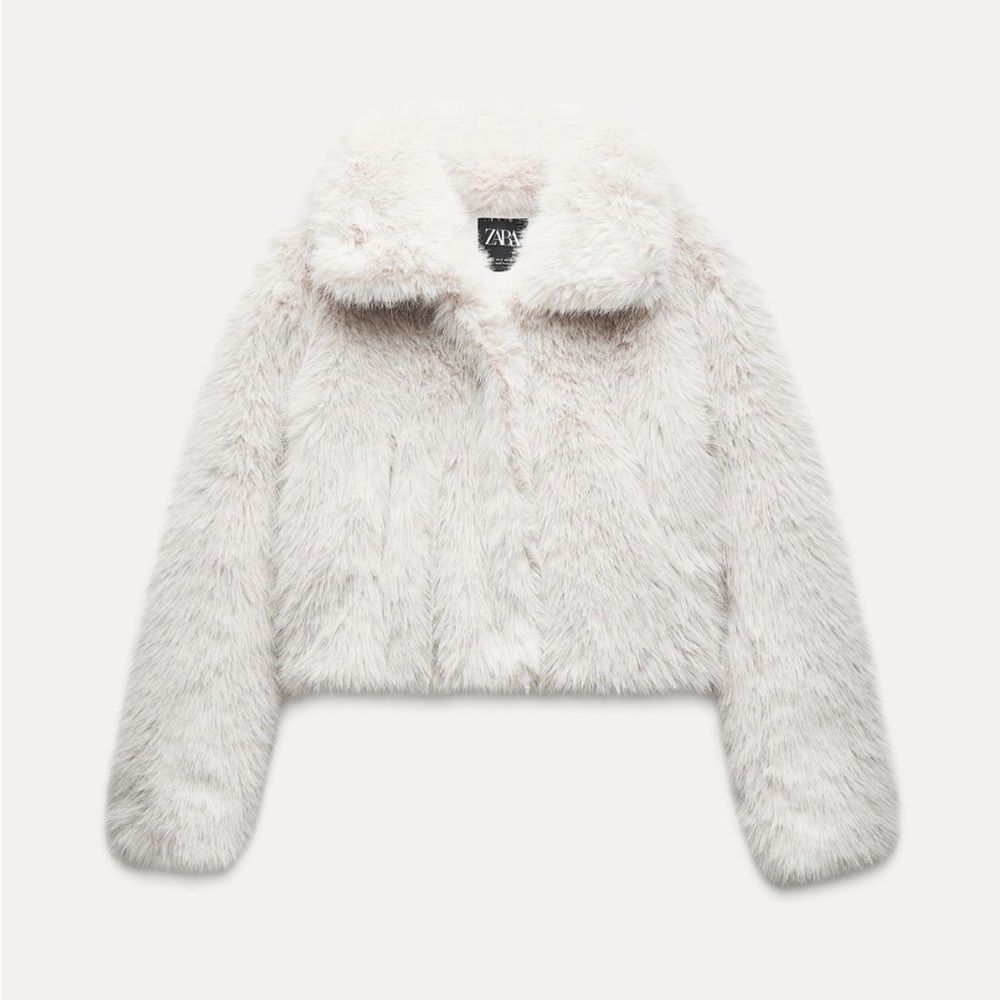 ZARA FAUX FUR SHORT COAT LARGE 1255/867 LIGHT BEIGE JACKET ECRU